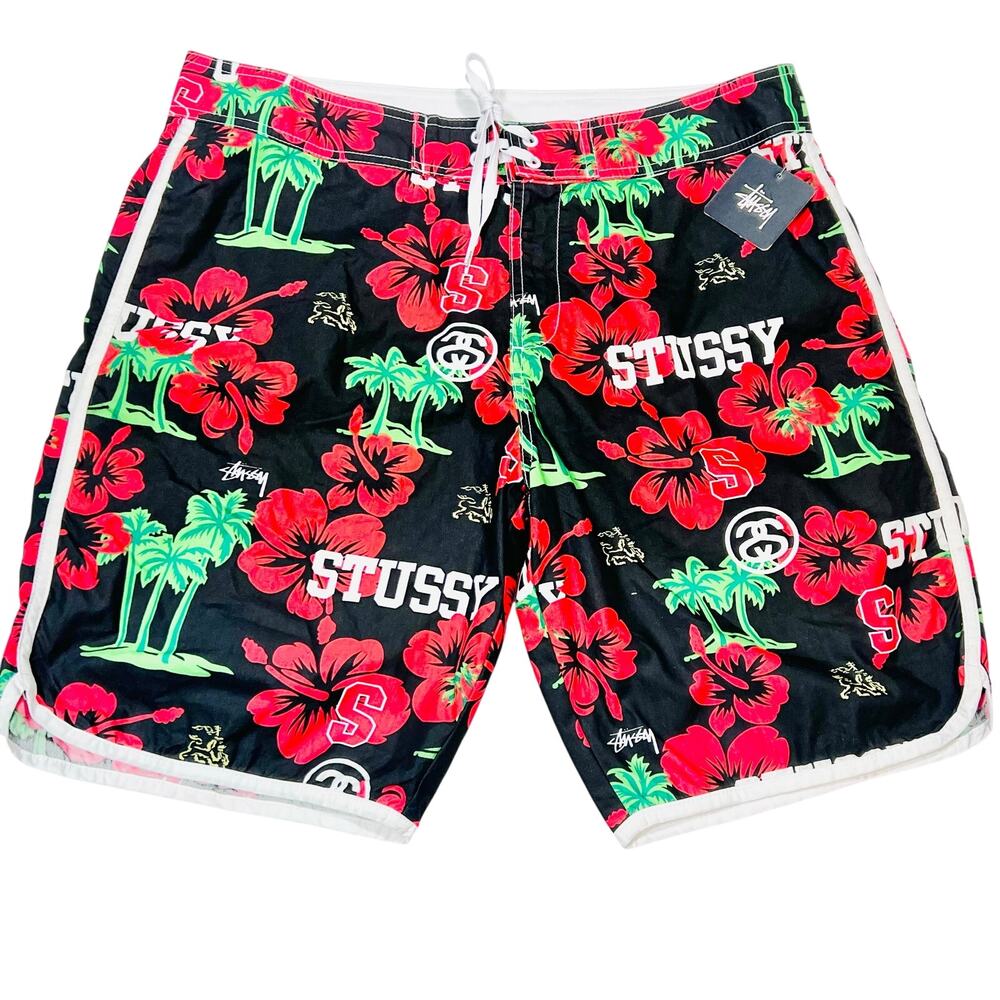 Vintage Stussy Aloha Nylon Shorts Men 34 Black Red Green Rare New With Tags - Picture 1 of 6